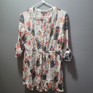 Hilary Radley White Floral Print V Neck Button Up Shirt S